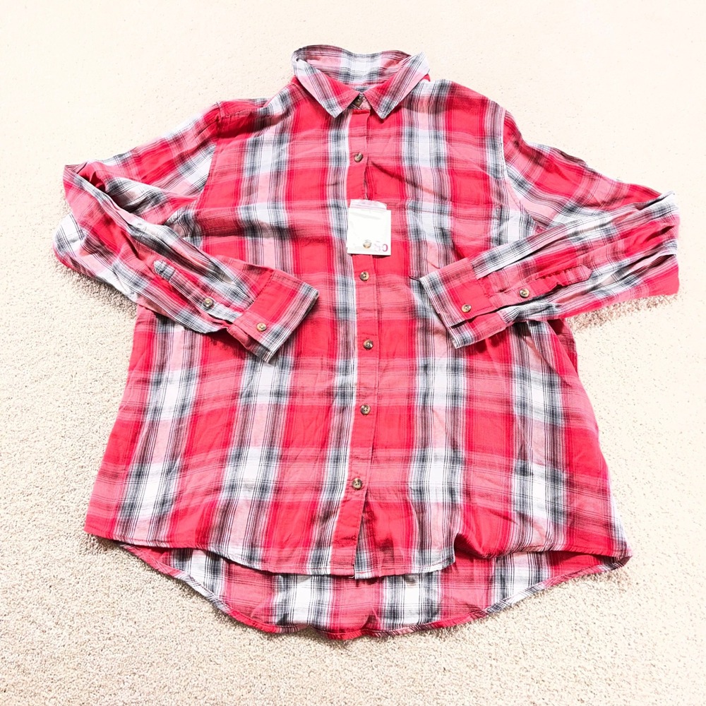 SO Favorite Shirt Womens XL Red Plaid Long Sleeve Cotton Modal Button Up New‎